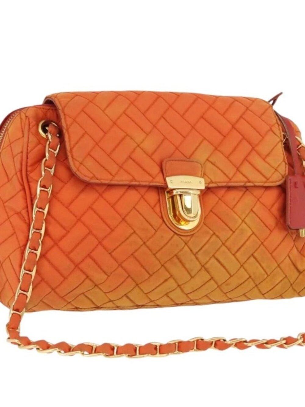 PRADA Quilted Chain Shoulder Bag Nylon Orange Gold Auth BA11028